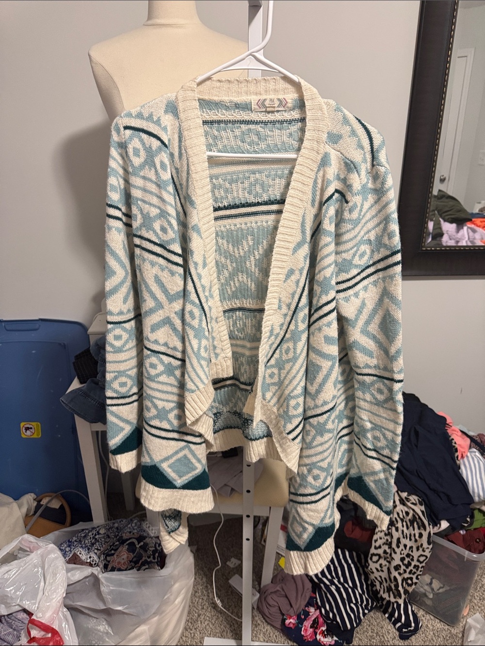 Pink Rose Cream and Light Blue Patterned Open-Front Cardigan
